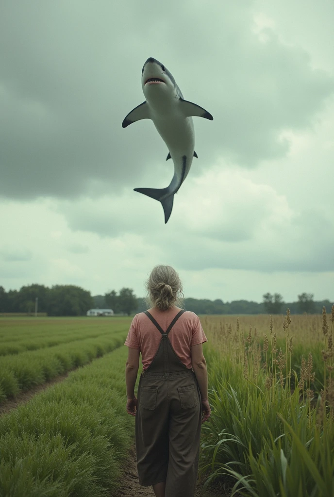 American countryside field landscape Cloudy A shark is falling from the sky A shot from behind of a middle-aged woman working in the fields, surprised to see a shark