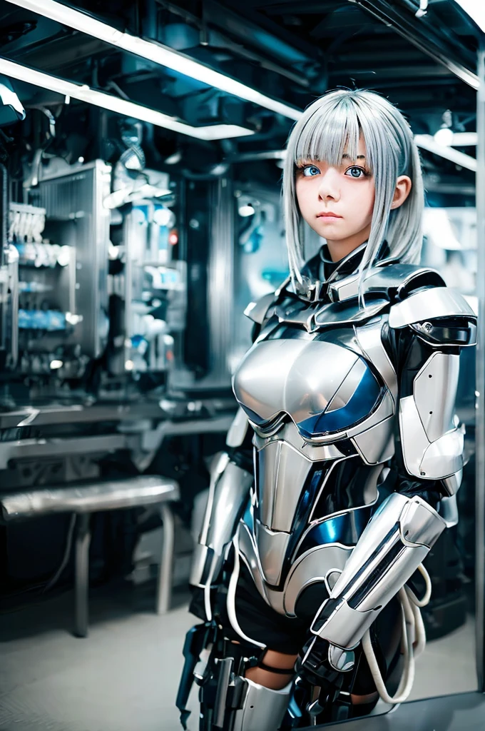 A girl with silver hair and silver eyes、Wide-angle shot, 1 female, Mecha, Glowing blue-black eyes, Very cute face, (Realistic:1.37), バイオMechaニカル, Spaceship interior bokeh background, Ultra-realistic, Very detailed, Very intricate details, Beautiful woman in focus、