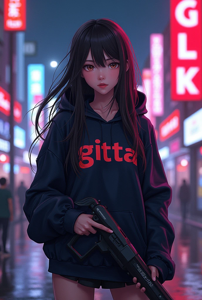 Create a character anime, {background: capital text: “GLBK” in right-top, night city}, tanned skin,
realistic, HDR, beautiful, japan style, full body, use piastol, age 20, hoodie HD text: “GITTA”, female, long hair