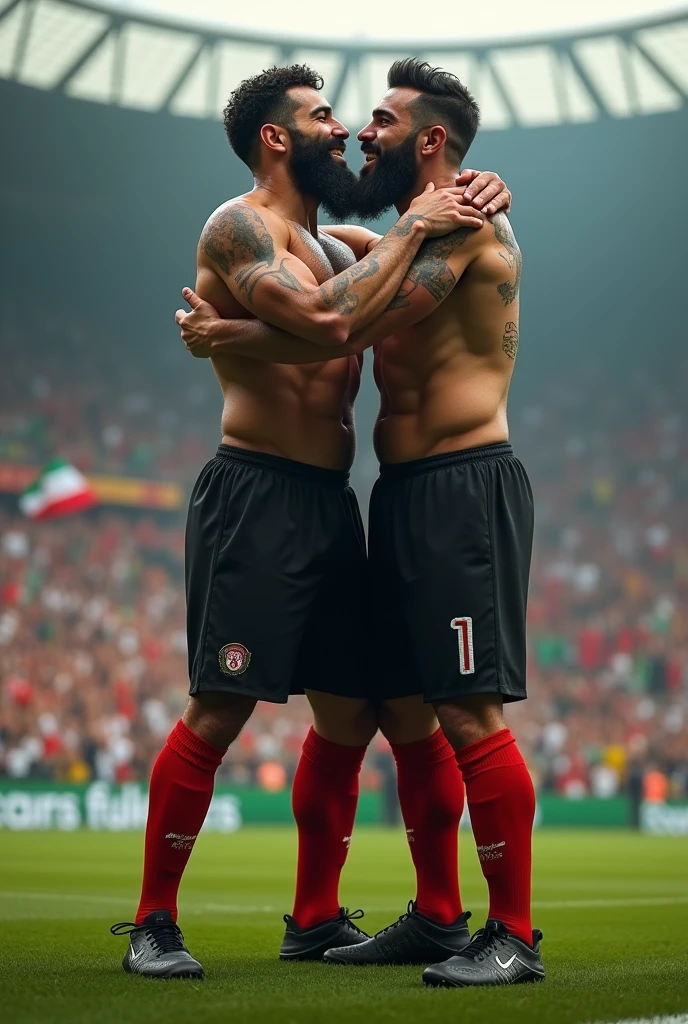 Two strong hairy Iranian football players very hairy chest hair bearded, wearing no shirt, black shorts and red socks and black cleats, hugging, brotherly kiss, big football stadium full of people.