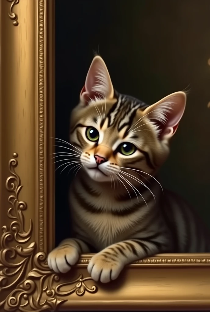 A cat hiding from th dogs behind the popular painting