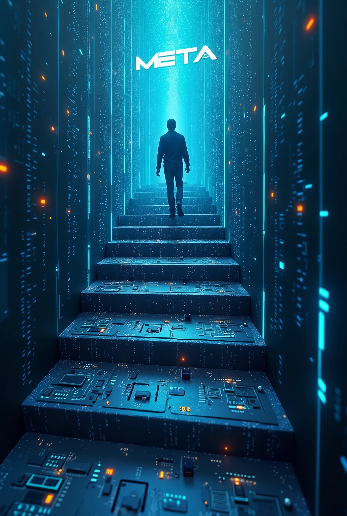 A representation of personal growth, with a figure ascending a staircase made of digital elements, each step symbolizing a new skill or achievement. The Meta logo could be at the top, symbolizing the future secured by these advancements.