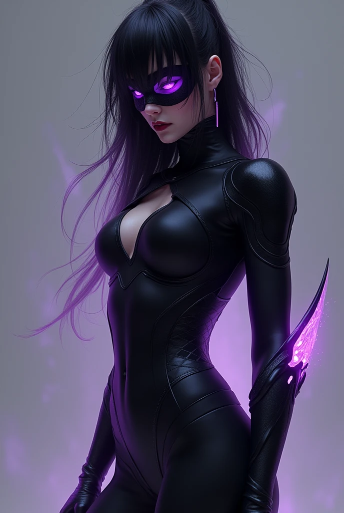 A pretty, 2 woman, She has long, raven black hair, which are often slightly disheveled, which gives her an untamed look. Her eyes shine in an intense violet, that glows slightly in the dark, and her skin is alabaster white, which gives her an almost ghostly appearance. The costume is mainly in deep black, interspersed with violet accents, that reflect their eye color. It consists of a skin-tight suit, which makes her agile and fast and black riding boots. She wears half a mask, which covers the upper half of her face, her eyes shining through a thin violet layer. FULL BODY shot.
