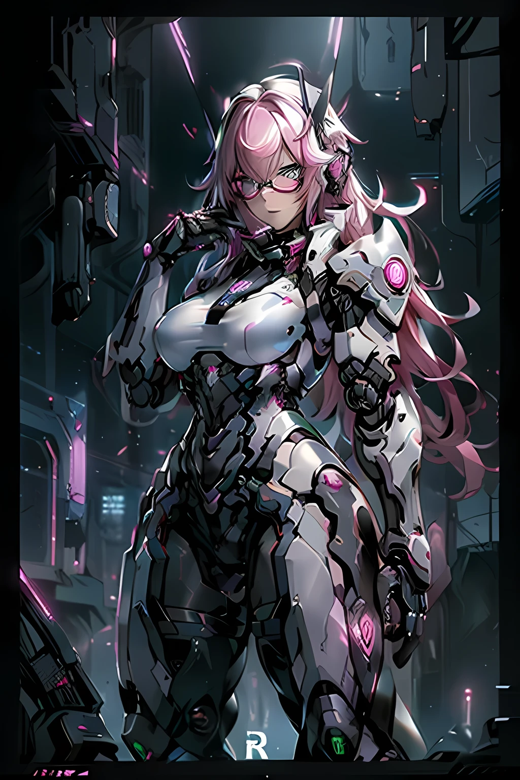 ((Highest quality)), ((masterpiece)), (detailed), One girl, sexly、One girl, close, Complex details, (cyber punk:1.4), mechanical arm, Glasses, Messy Hair, (Glowing neon armor:1.2), mechanical, Black background, Big Breasts, Pink Hair, Curvy but fit girl, She has a gun in her hand, bots, drone, Complex details, (cyber punk:1.4), mechanical arm, Glasses, Messy Hair, (Glowing neon armor:1.2), mechanical, Black background, Big Breasts, Pink Hair, Curvy but fit girl, She has a gun in her hand, bots, drone, car