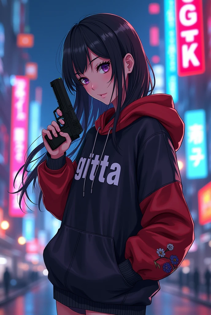 Create a character anime, {background: capital text: “GLBK” in right-top, night city}, tanned skin,
realistic, HDR, beautiful, japan style, full body, use piastol, age 20, hoodie HD text: “GITTA”, female, long hair