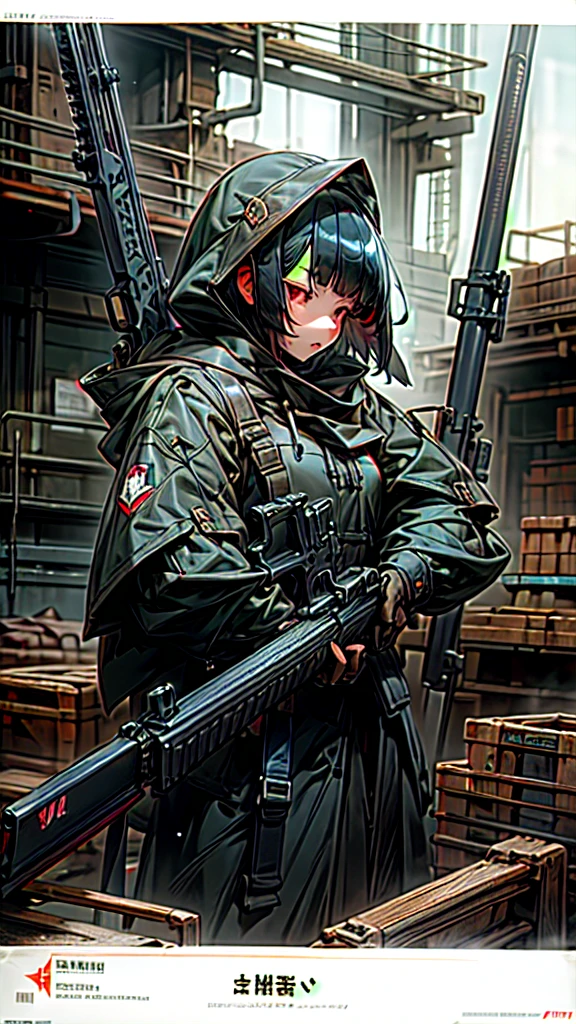 Highest quality、Every detail、Structurally correct、Anti-material riflesを両手で持つ、Girl in a hood、Bob cut with black hair、Red eyes、Anti-material rifles、Huge rifle、Heavy equipment、Black clothes、iron、Metallic、