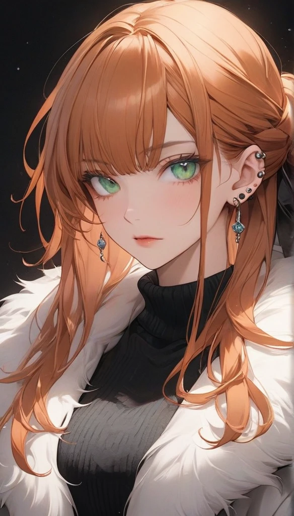 high resolution, Masterpiece, Anatomically correct, precise, qualityที่ดีที่สุด, quality, 1 woman, Age 25 years,long hair, ginger hair hair, emerald eyes,big breasts, ponytail hairstyles, full bangs 
Piercings, Dark makeup, A cold expression simple background, Close-up , Anime style,Wearing black sweater,fur coat, Sharp eyes ,mature woman 