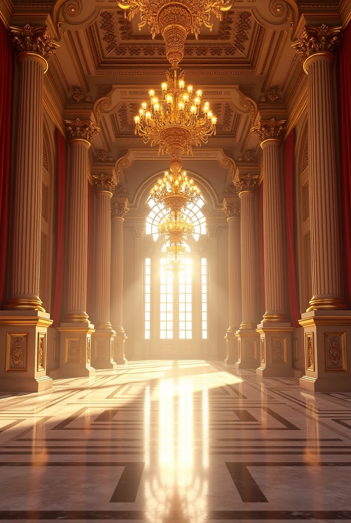 **"Create an ultra-high-resolution background featuring an opulent ballroom adorned with elegant chandeliers, golden accents, and rich draperies. The marble floor should reflect the warm glow of the lights, creating a luxurious ambiance."**
