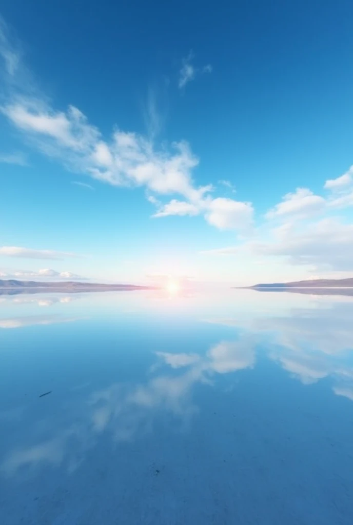 「Uyuni Salt Flats, Bolivia, South America。The lake surface is as clear as a mirror.、Blue sky and white clouds reflected on the lake surface。The horizon continues endlessly、The boundary between the sky and the earth is becoming blurred。The sun is setting、Orange and pink colors beautifully decorate the sky and the lake surface.。There is no wind、Silence is spreading。