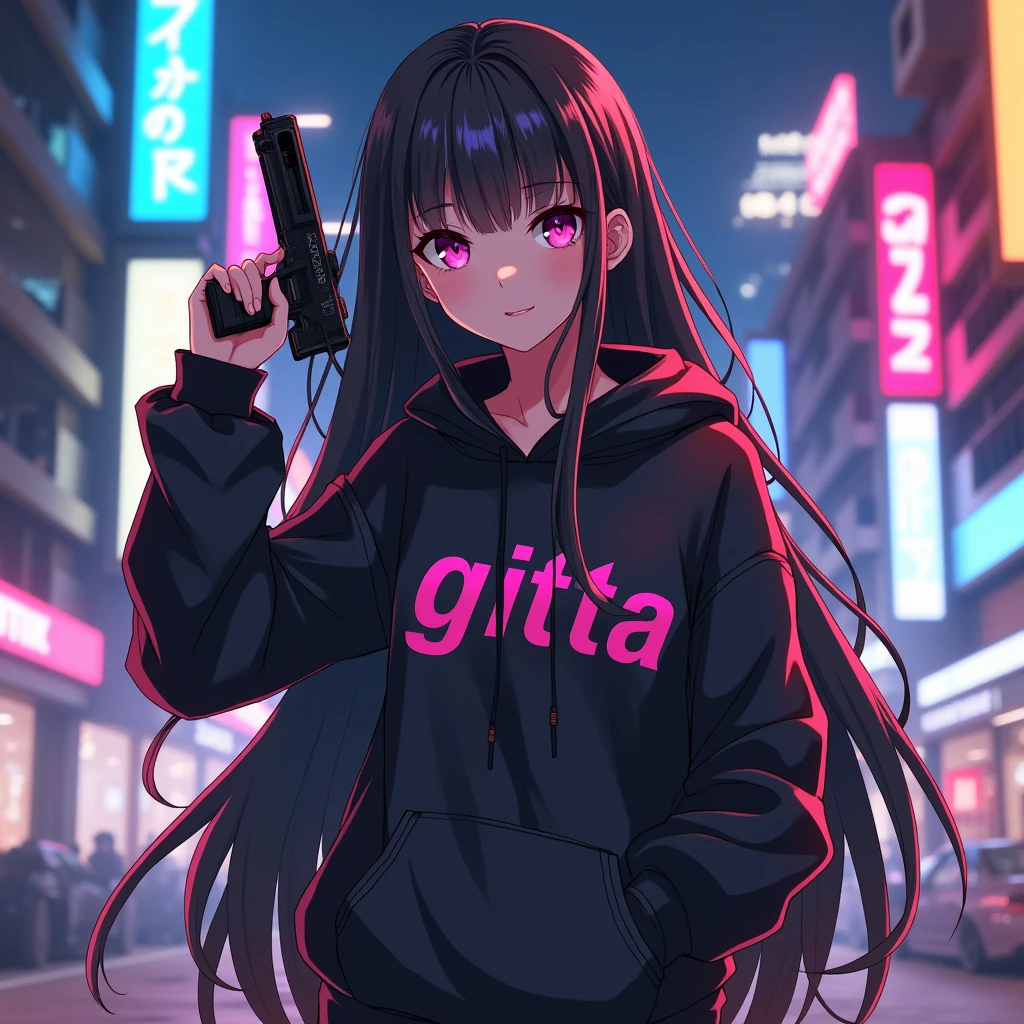 Create a character anime, {background: capital text: “GLBK” in right-top, night city}, tanned skin,
realistic, HDR, beautiful, japan style, full body, use piastol, age 20, hoodie HD text: “GITTA”, female, long hair