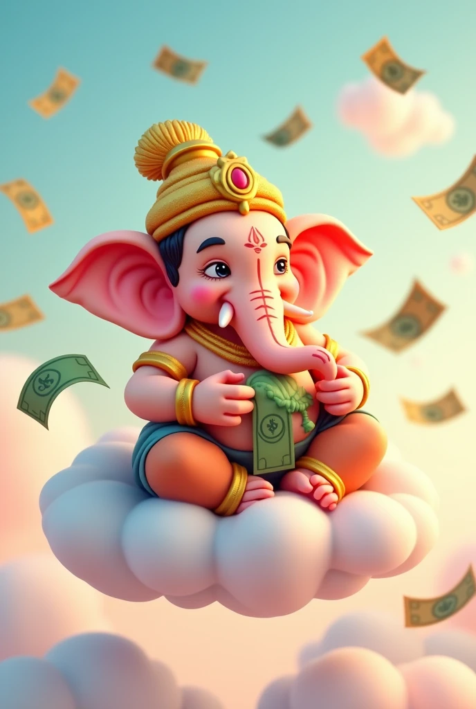 Cartoon ganesha Sitting on the cloud holding money in pastel color and dollar bill flew around