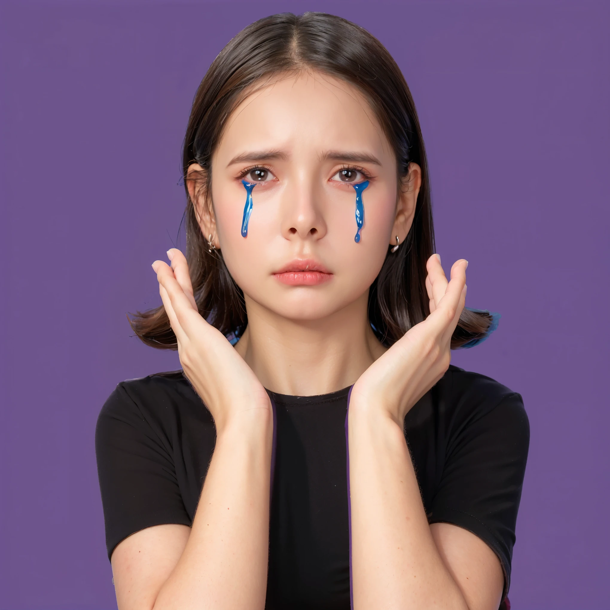 The image shows a young girl with short brown hair, wearing a black top, standing against a solid purple background. She looks very sad, with large tears visibly streaming down her face, rendered in a vivid blue color. Her expression is one of deep sorrow, as her eyebrows are furrowed and her mouth is turned downward in a frown. Her hands are raised towards her face, adding to the impression of distress. The exaggerated blue tears emphasize the intensity of her emotions, making the sadness more pronounced in the image. he purple background complements the costume, creating a vibrant and engaging scene. (glossy plastic texture with multiple big light probe refractions), perfect cgi, smooth silhouette, high intensity refraction, (super glossy plastic material), most beautiful vfx, , realistic, 4k, high resolution, rim light, smooth 3d model, multiple light sources, rim light, sharp post effects render,, realistic, 4k, high resolution, rim light detailed digital art, reflective, best quality, 4k, masterpiece:1.2, ultra-detailed, realistic, vivid colors, The image of the highest quality, ensuring every detail showcased perfectly. It in 4k resolution, allowing viewers to immerse themselves in the richness of the colors and intricate details. The realistic rendering. under the spotlight, reflecting, high-resolution image, realistic rendering
