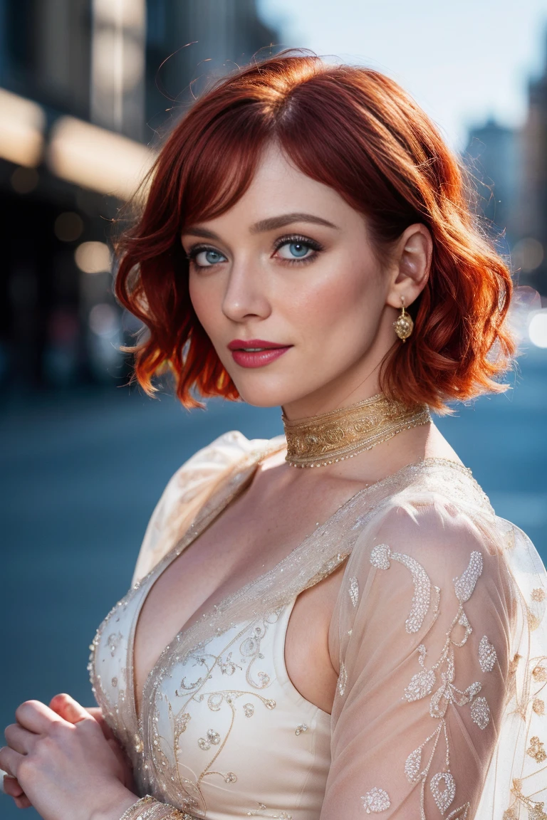Masterpiece, (Bryce Dallas Howard: 0.5), shy, cute, playful smile, high detail face, high detail skin, romantic red dress with sleeves, (high detail eyes:1.3), short hair, red hair, (small breasts:1.2), (strong athletic body), big city background, (UHD, 8K wallpaper, High resolution), Cinematic lighting, award-winning, extremely white detailed skin, extra detailed face, high detail eyes, photo-realistic, Zeiss 85 mm F/1.4, by Ellen von Unwerth