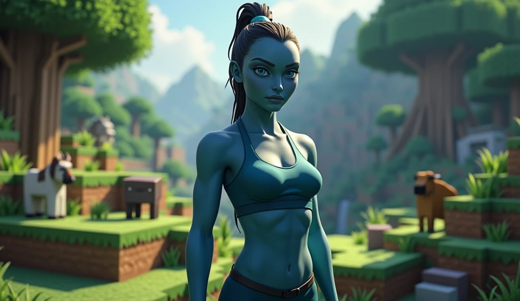 score_9, score_6_up, source_anime, [source_anthro], rating_safe, [rating_explicit],

full body portrait, body focus, front view, best quality, (wide shot), highly detailed face, perfect lighting,   

1girl, solo, adult, Naavi, athletic, blue skin, blue body, calm face, (stand near tree), slit pupils, 

(minecraft animals, minecraft mobs, minecraft NPC), minecraft detailed world background,
detailed background, detailed foreground, depth of field, ambient silhouette, backlighting