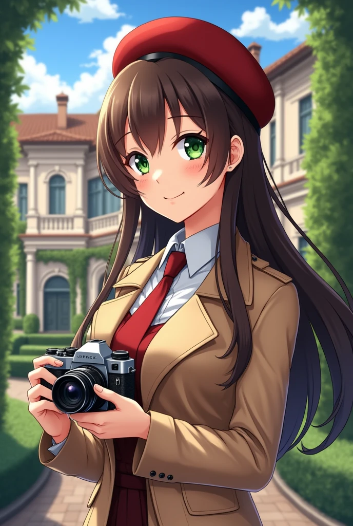 anime girl，university student，Big breasts，Green eyes，Smile，Long brown hair，Holding an elegant Leica camera，red painter beret，Beautiful works of art，Anime style 4K，Art wallpaper 4k，italian manor，Brown trench coat