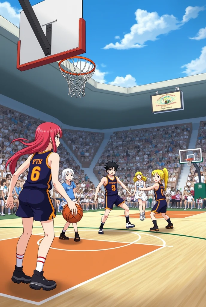 Fairy Tail organizes a 3x3 basketball game.
Here are the teams: CLV and FTM.
CLV team members: Erza Scarlett, Lucy Heartfilia, Kanna Alperona and Levy McGarden.
FTM team members: Wendy Marvel, Juvia Lockser, Mirajane Strauss and Lisana Strauss.
CLV team members wear white jerseys:
Erza Scarlett: White CLV jersey #2 white, red basketball shoes. Long scarlet hair and brown eyes. She is of average height.
Lucy Heartfilia: CLV jersey no. 7 white, black basketball shoes. Long blond hair and brown eyes. She is small in stature.
Kanna Alperona: White CLV jersey no. 4 white, orange basketball shoes. Long dark-brown hair and brown eyes. She's the tallest in the tournament.
Levy McGarden: CLV jersey n°6 white purple basketball shoes. Mid-length blue hair tied back with an orange headband and brown eyes. She is .
FTM team members wear black jerseys:
Wendy Marvel: FTM jersey no. 11 black, black, red and white basketball shoes. Long dark blue-purple hair and brown eyes. She's the smallest in the tournament.
Juvia Lockser: FTM jersey no. 8 black, purple basketball shoes. Long sky-blue hair and blue eyes. She is of average height.
Mirajane Strauss: FTM jersey no. 10 black, yellow basketball shoes. Long white hair and blue eyes. She is tall.
Lisana Strauss: FTM jersey n°00 black, white basketball shoes. Short white hair and blue eyes. She is small in stature.
The tournament takes place in a gymnasium. They play a real 3x3 game. For CLV, Levy McGarden is a substitute and is not on the court. For FTM, Lisana Strauss is a substitute and is not on the court. The ball is in the hands of Lucy Heartfilia.
Wendy Marvel defends on Lucy Heartfilia.
Juvia Lockser defends on Erza Scarlett.
Mirajane Strauss defends on Kanna Alperona.
Lucy Heartfilia dribbles towards the basket, Wendy Marvel defend on her. Erza Scarlett and Kanna Alperona prepare for the rebound.