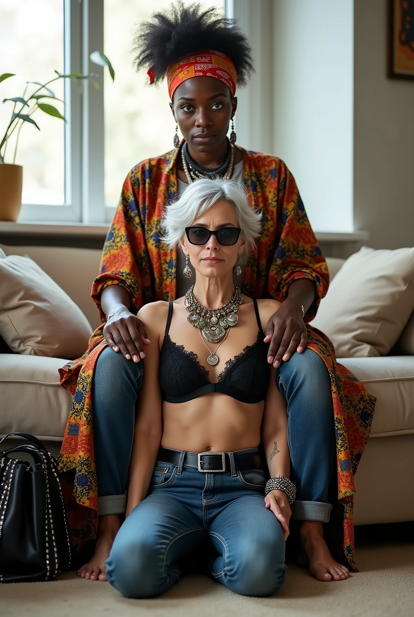 Two women. African milf woman sitting on a sofa with separated legs, afro hairdo, serious face, wearing traditional colourful african clothes, barefoot, hands tightly on shoulders of a caucasian old milf woman at her feet (light grey hair, light green eyes, pale face, pale neck, pale chest, pale arms, pale hands, pale stomach, pale legs and feet) in chic rock fashion: pompadour hairstyle with top bun and shaved sides, colourful bandana as headboard, a lot of metallic necklaces and pendants, a lot of wide metallic bracelets, black lace push up bra, low rise skinny dark blue jeans with worn knees, wide stidded leather belt, kneeling with hands on knees, passive facial expression with open mouth, big square sunglasses, thin neck, thin arms, thin legs, well toned abdominals. In an apartment decorated in Scandinavian style. A black leather studded tote bag on the floor. Natural light
