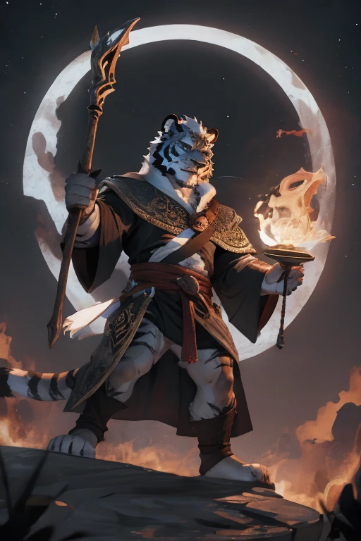 dnd male white tiger sorcerer wearing white archmage robe wielding staff of power