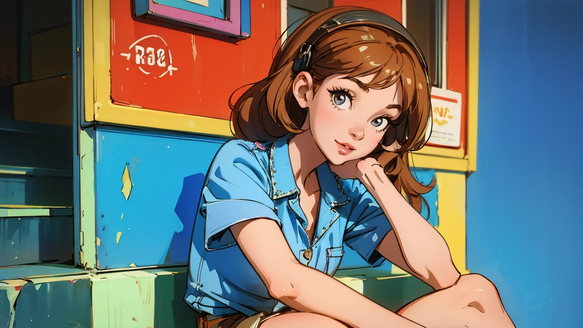 highest quality, masterpiece), 1 Girl, 1980s \(style\)She looks at the viewer with a beautiful smile, \(style\)Upper Body,pin up ,　 \(style\)Light brown hair color,\(style\), Sitting on the stairs,\(style\), citypop, lofi,\(style\),1980s fashion,casual,1980s fashion, Put on headphones,Wearing denim shorts,