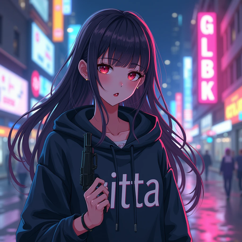 Create a character anime, {background: capital text: “GLBK” in right-top, night city}, tanned skin,
realistic, HDR, beautiful, japan style, full body, use piastol, age 20, hoodie HD text: “GITTA”, female, long hair