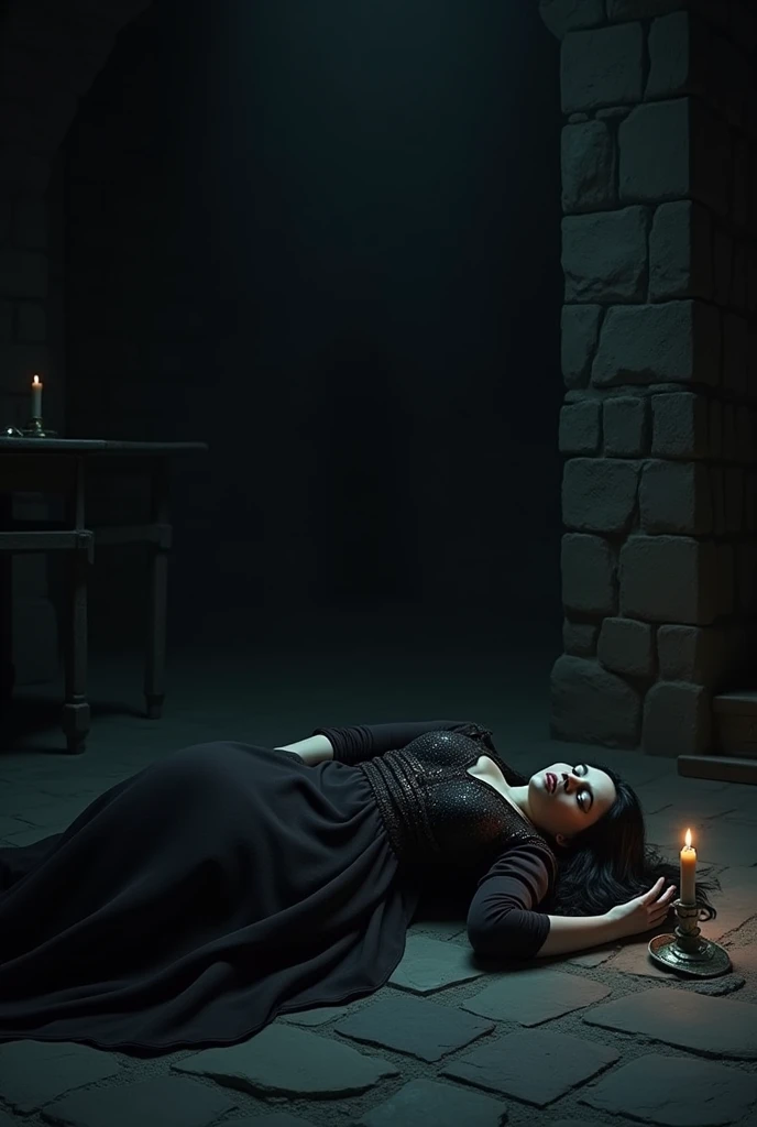 "A somber depiction of Lady Macbeth's tragic end. The scene is set in a dimly lit room of a medieval castle, with heavy shadows and a sense of gloom. Lady Macbeth is shown collapsed on the floor, her face pale and expression blank, indicating the toll of her mental breakdown. She is wearing a disheveled gown, and her surroundings are sparse, emphasizing her isolation. The background includes dark stone walls and a small, flickering candle, casting faint light on her figure, symbolizing the extinguishing of her life and ambition."