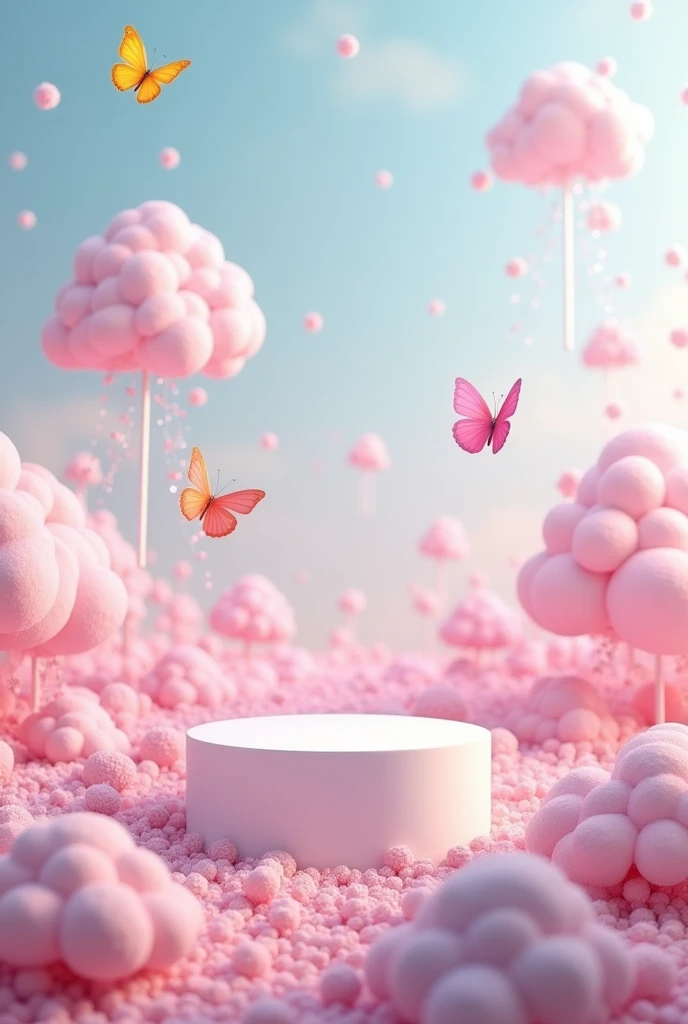 White podium in a field of pink round marshmallows. Image should have a candy fantasy kingdom with erflies flying around and huge pink marshmallows on the ground