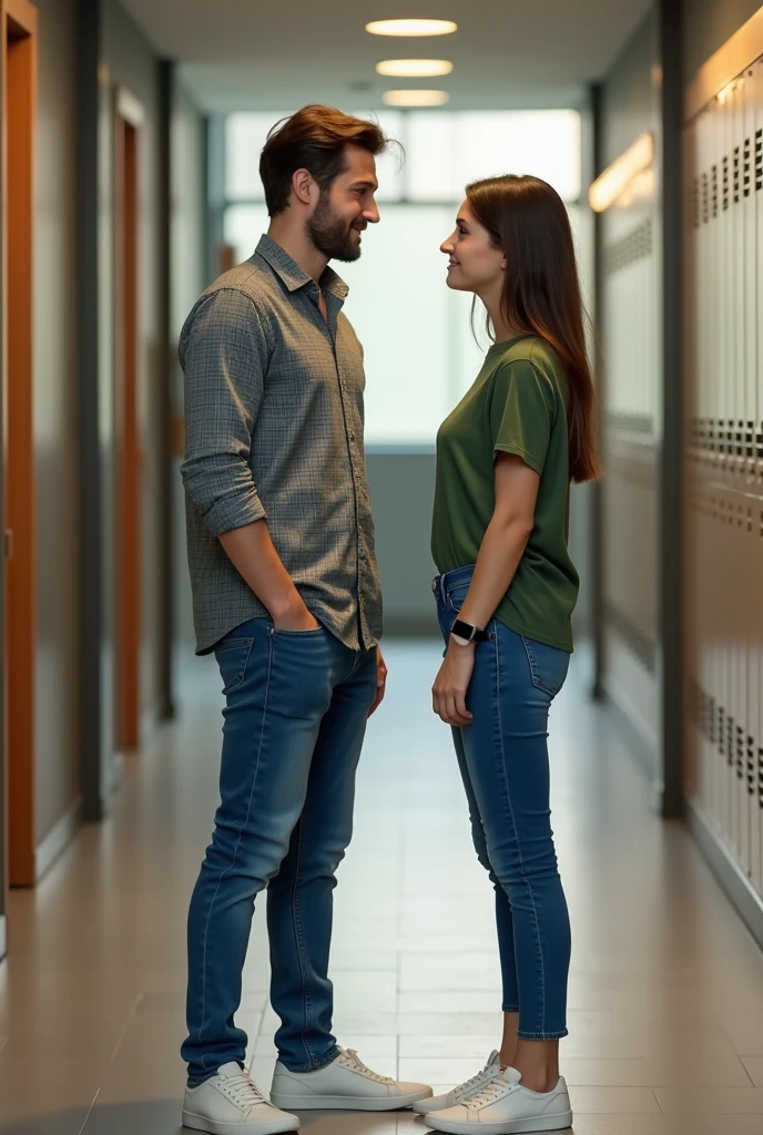 Outside the locker room in the office, a young man meets a young woman who is wearing a gray check shirt, jeans, white shoes and a smart watch. The young woman is wearing a green top, jeans and shoes.