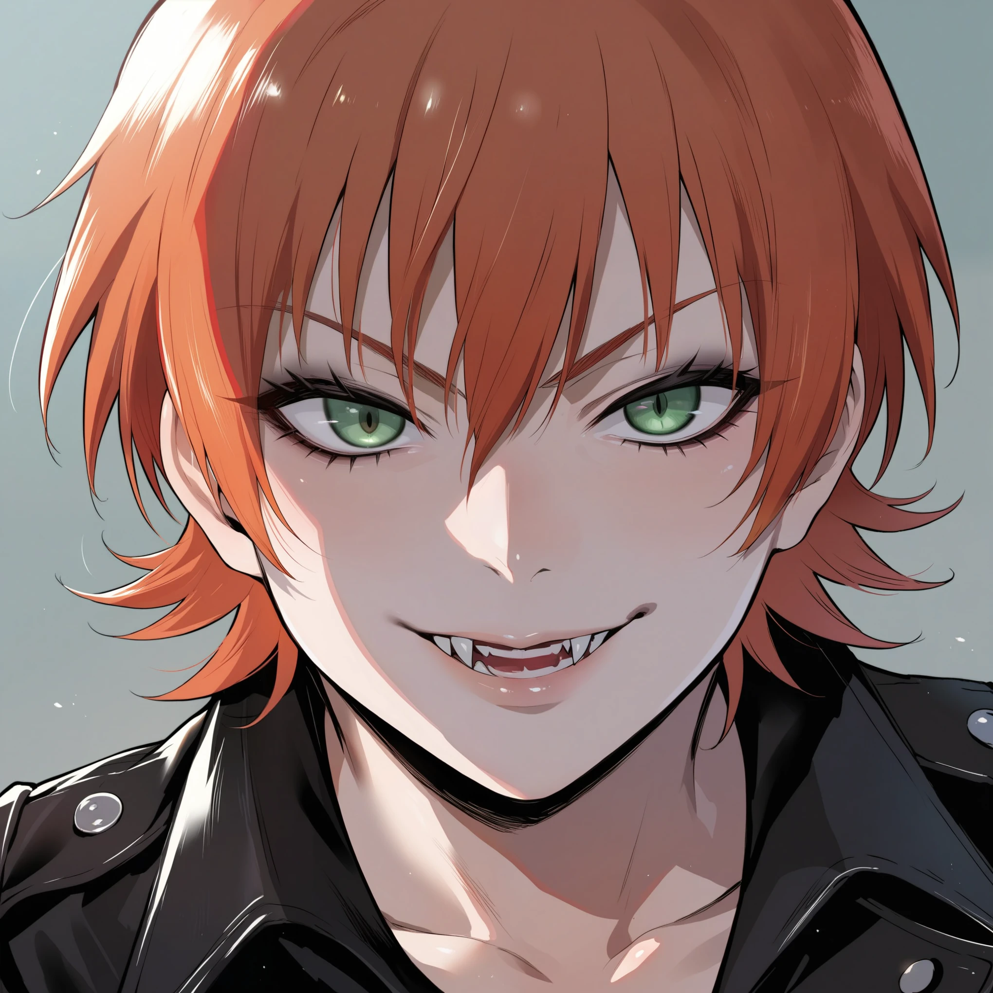 source_anime, rating_explicit, score_9, score_8_up, score_7_up, goth, gothic, ginger hair, short_hair, looking at viewer, hellsing, goth girl, ikuchan, smirk, green eyes, portrait face, face focus, face only, edgy, fangs, vampire, detailed, high quality