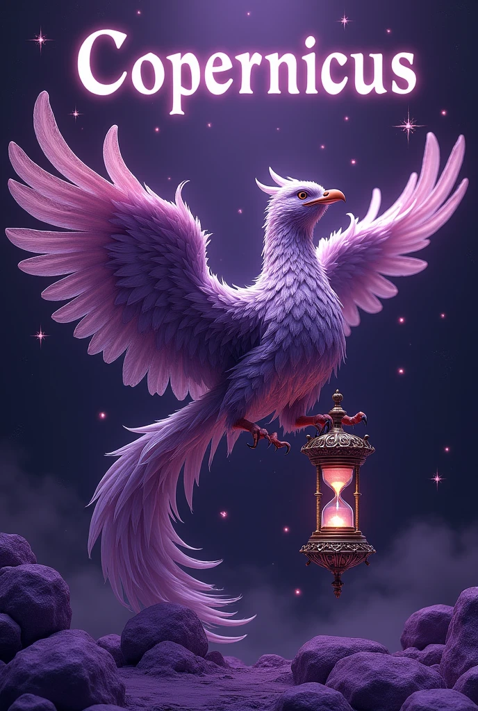 Purple background with a drawn phoenix holding an hourglass, written in white with a black outline on top "Copernicus" in larger size with stars, unrealistic.