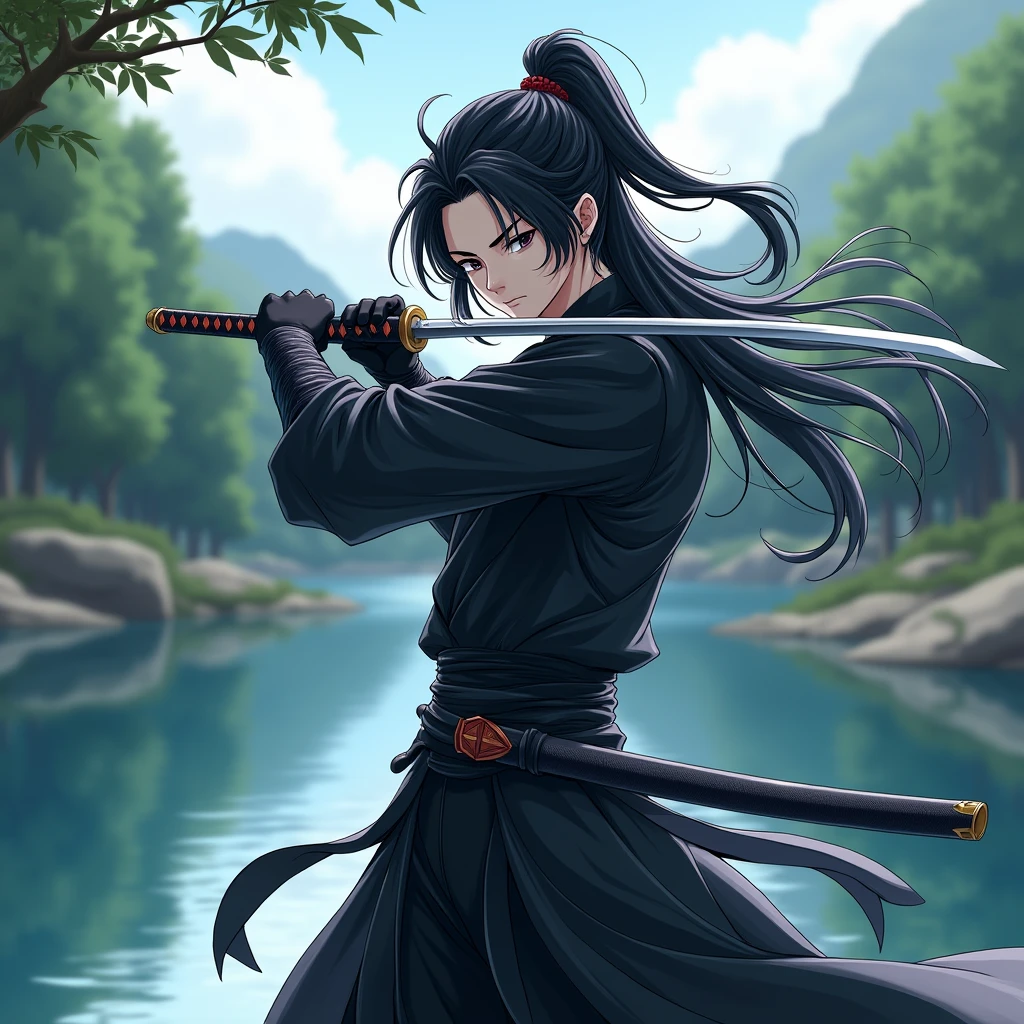 Pale Young handsome Man in around 26 wearing onyx armour with raven black long hairs and deep dark black eyes standing near a seren river swinging a katana in his hand in around 5'6 in height, High Resolution, Masterpiece, Messy Hair, Anime Style, 