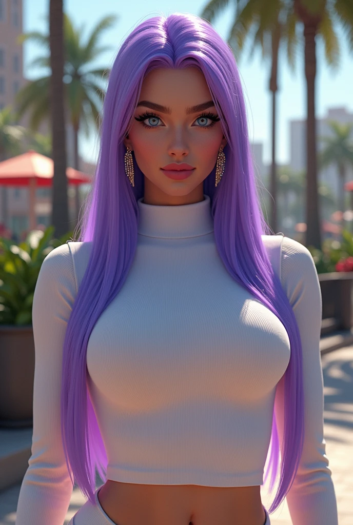 (ultra realistic,32k, masterpiece:1.2),(high detailed skin:1.1),( high quality:1.1), EPpkJessie, long hair,v-shaped eyebrows, blue eyes, purple hair, hair slicked back, earrings, jewelry, lipstick, makeup, white turtleneck top, long sleeves,white short skirt, city park, palms, sunshine, blurry background,,(looking at viewer, portrait:1.1),, huge breast,large breast, thick thighs, curvy hips,(soft shaded neon light:1.1),