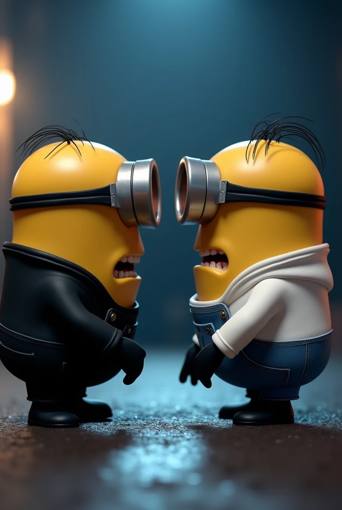 two serious minions arguing, at night, one wearing a black shirt and pants while the other wearing a white shirt and pants