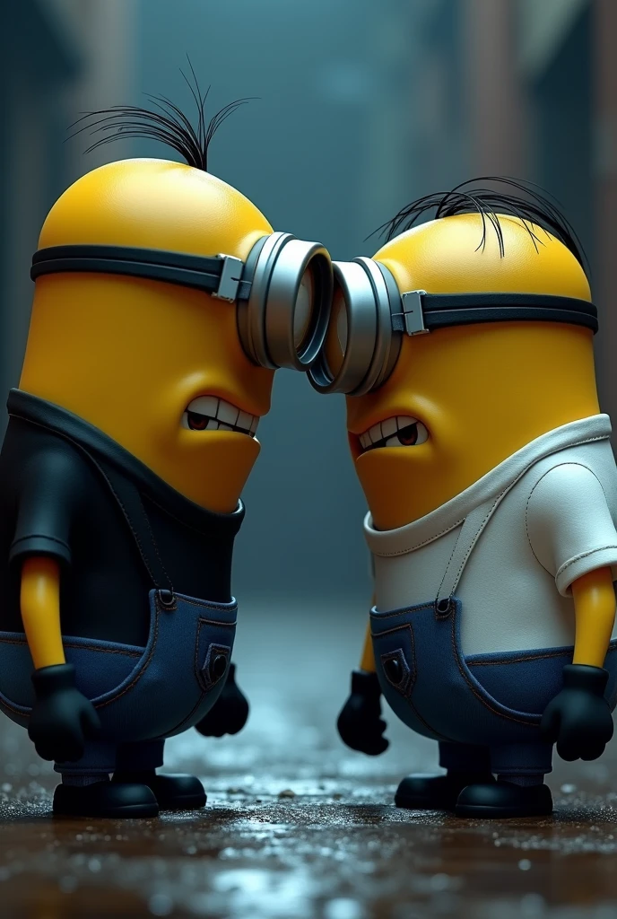 two serious minions arguing, at night, one wearing a black shirt and pants while the other wearing a white shirt and pants