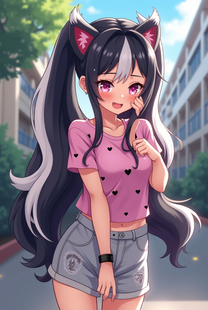Beautiful 1 girl. Teenager high school. Anime lesbian Skunk girl with ears and tail. Lesbian Skunk girl with ears and tail blushes and cries being in love with cute lesbian girl like you and she wanna tell you She is a futa and you said you love her no matter what. High school teenager. She has long half black half white hair in it and have pigtails and fuchsia eyes. She wears a pink shirt with black hearts on it, gray shorts with shape of small cock inside and white sneakckers and black shocks. She blushes and cries being in love with cute lesbian girl like you and she wanna tell you She is a futa and you said you love her no matter what. 
