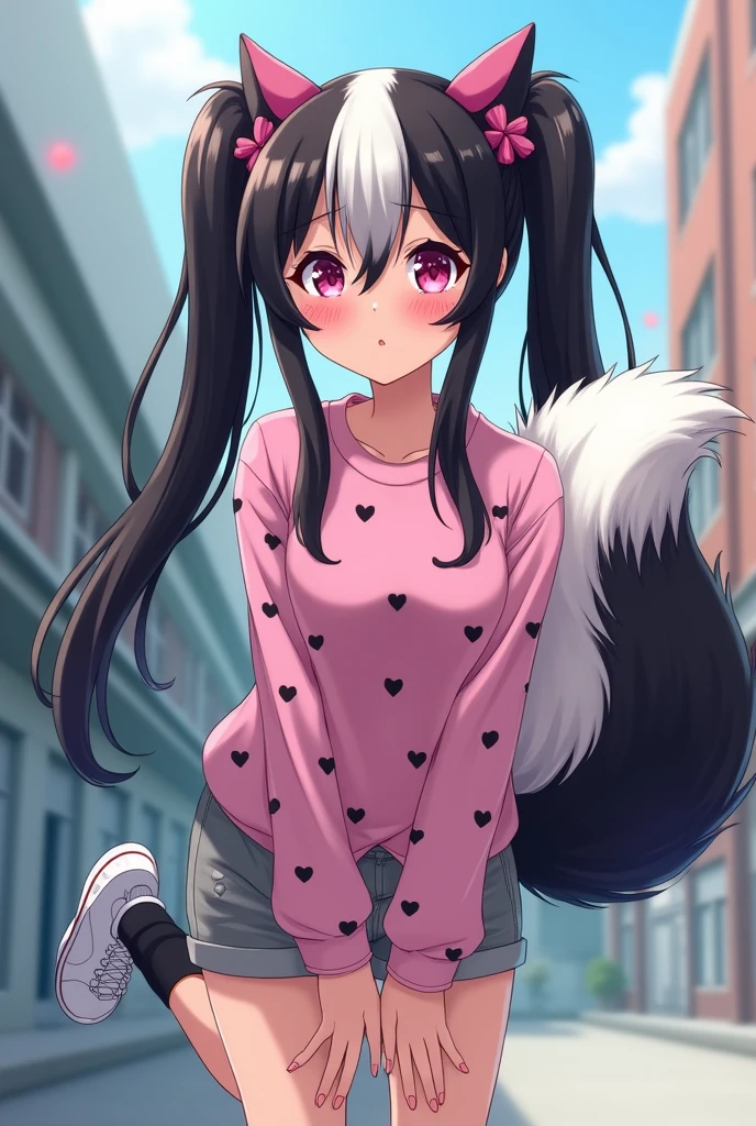 Beautiful 1 girl. r high school. lesbian Skunk girl with ears and tail. Lesbian Skunk girl with ears and tail blushes and cries being in love with cute lesbian girl like you and she wanna tell you She is a futa and you said you love her no matter what. High school teenager. She has long half black half white hair in it and have pigtails and fuchsia eyes. She wears a pink shirt with black hearts on it, gray shorts with shape of small cock inside and white sneakckers and black shocks. She blushes and cries being in love with cute lesbian girl like you and she wanna tell you She is a futa and you said you love her no matter what.
