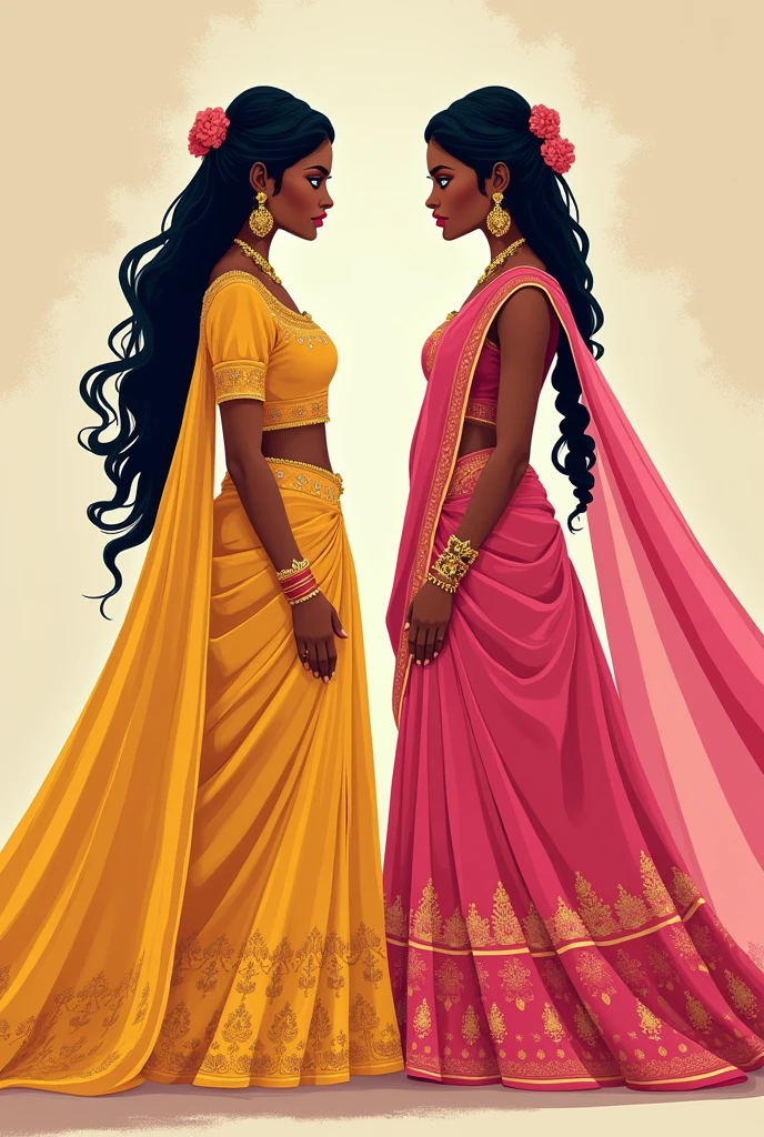 Beautiful Indian bride with dusky skin.She has a twin sister who looks exactly like her.1 twin is wearing a gold lehenga with high hair burn.Another twin is wearing a hot pink saree and she has a long braided hair.Both opposite each other smiling. but there a distance in between them.2d illustration vector.