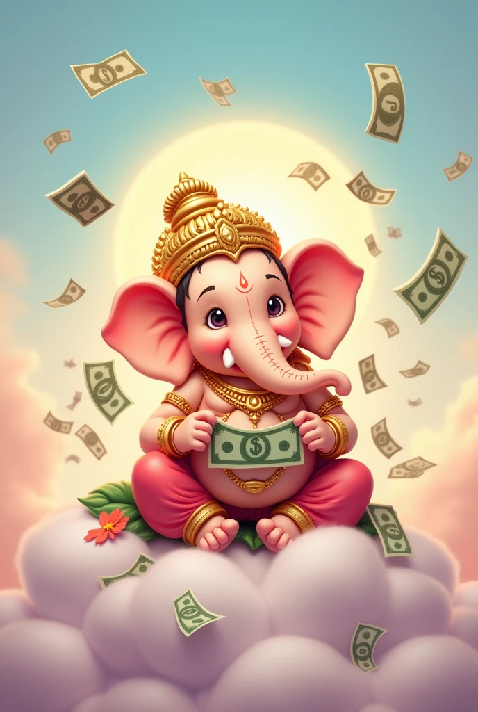 Cartoon ganesha Sitting on the cloud holding money in pastel color and dollar bill flew around