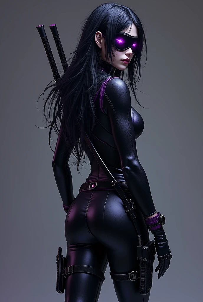 A pretty, 2 woman, She has long, raven black hair, which are often slightly disheveled, which gives her an untamed look. Her eyes shine in an intense violet, that glows slightly in the dark, and her skin is alabaster white, which gives her an almost ghostly appearance. The costume is mainly in deep black, interspersed with violet accents, that reflect their eye color. It consists of a skin-tight suit, which makes her agile and fast and black riding boots. She wears half a mask, which covers the upper half of her face, her eyes shining through a thin violet layer. has crossed holders for her two katanas on her back. Your firearms (The gun) are attached to their thighs, so that she can access it in a flash in battle. FULL BODY shot.