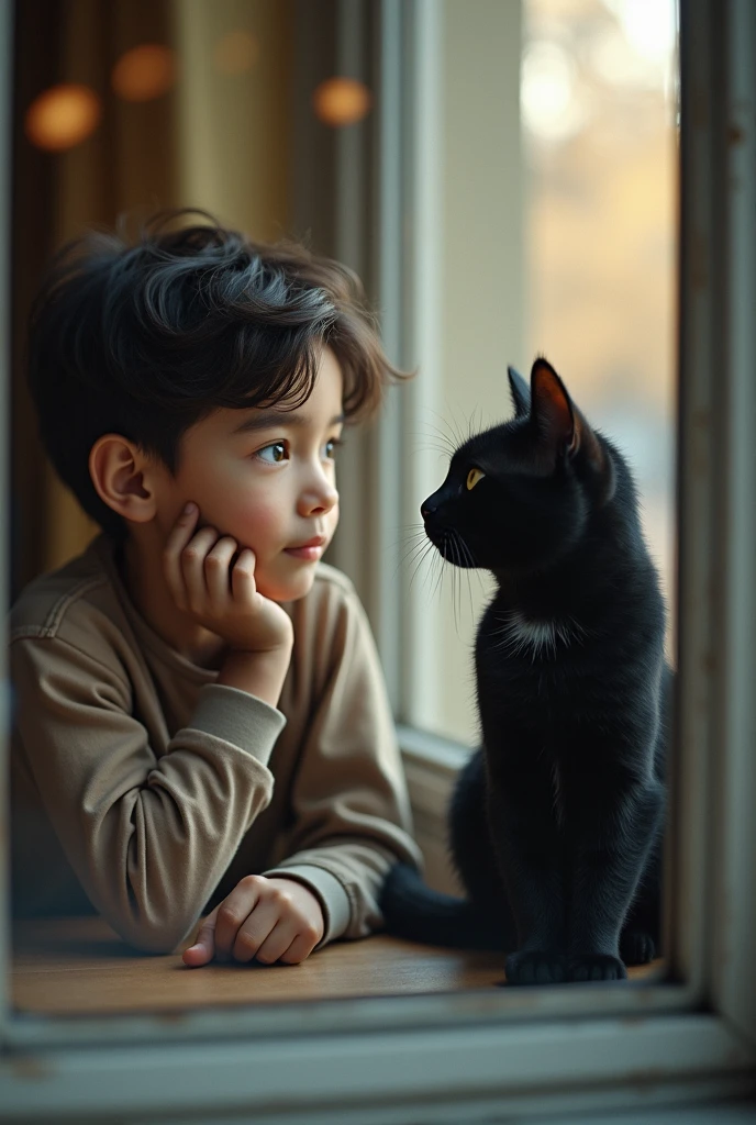 A boy and a black cat ooking at each other beside a glass window opened camera angle from the outside