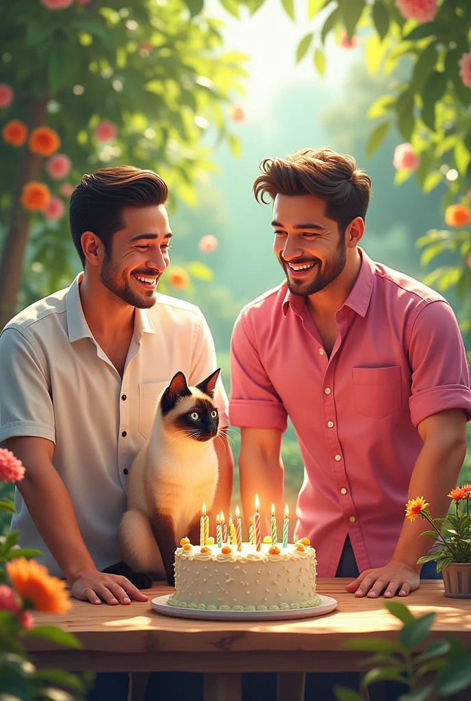 In the garden, there was a man wearing a short-sleeved white shirt and a man wearing a pink shirt and a Siamese cat blowing out candles on a cake. It was a warm and happy atmosphere.