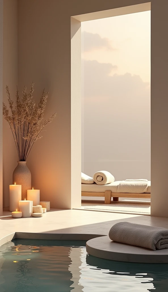 **"Illustrate a luxurious spa retreat scene, featuring plush towels, aromatic candles, and a tranquil water feature. The colors should be soft and inviting, enhancing the sense of relaxation and indulgence."**