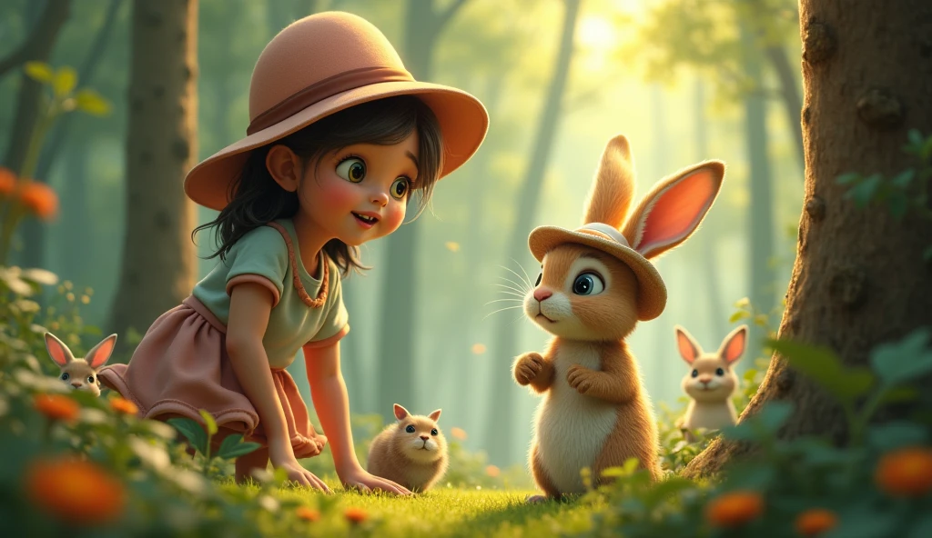 Mimi the rabbit is wearing a hat、I've grown taller and can see all the way to the tops of the trees.。
image: Mimi wearing a hat、I grew tall like a giraffe、Forest Trees々Looking down from above。Mimi's eyes are wide with surprise and joy.。The animals around are also surprised.。