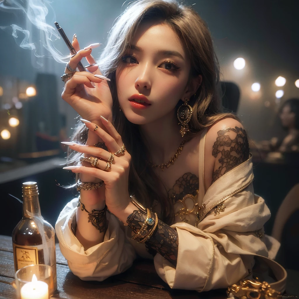 1 girl, (((long and sharp nails))) high quality work,realistic works,Super premium graphics,2K HD CG works,High quality graphics,High-definition and exquisite CG works,10x the pixels,Ultra-fine details:1.1,Advanced technical details:1.1Realistic photo effects,室內燈Light Effect果:1.5,natural soft light:1.5. Light Effect(虛擬燈Light Effect果:1.8),Ultra-high resolution, long brown hair,High detail hair(Premium hair details:1.1)Clear eyes,Double eyelids look good,sharp eye makeup, Create exquisite eyelash makeup, Thin eyebrows, super detailed eyes,high nose, cute red lips, chapped lips, rosy cheeks, Exquisite makeup on the face , Nice face, Perfect face proportions,(Advanced facial details:1.1) 20 years old, Perfect, beautiful and detailed face, Real skin pores, 銳利Clear eyes, (Nipple slipping),Amazing cleavage, Slender figure, Perfect medium breast shape, Staring at the camera, Innocent, Seductive pose, Seductive look, intimate perspective, No tattoos,Holding electronic cigarette in hand,point of view