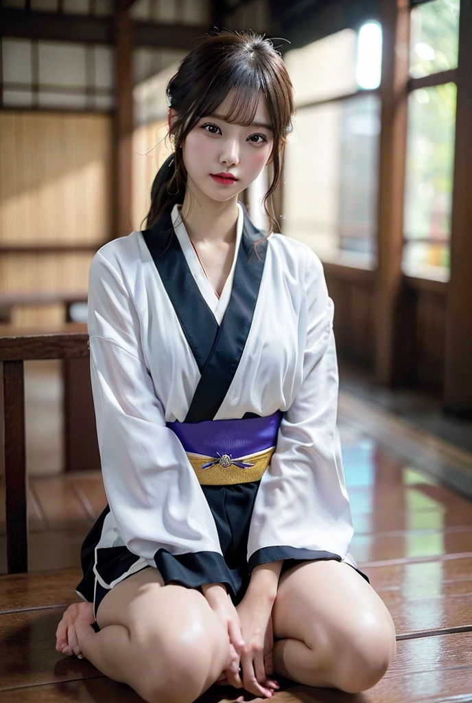 Innkeeper、young woman、kimono、Background Hot Spring Inn、The kimono is open、Tie up hair、日本のkimono、(A glimpse of her legs)、(best quality,4K,8k,highres,masterpiece:1.2),ultra-detailed,(realistic,photorealistic,photo-realistic:1.37),HDR,uhd,studio lighting,ultra-fine painting,sharp focus,physically-based rendering,extreme detail description,professional,vivid colors,bokeh,cinematic lighting,dramatic shadow,