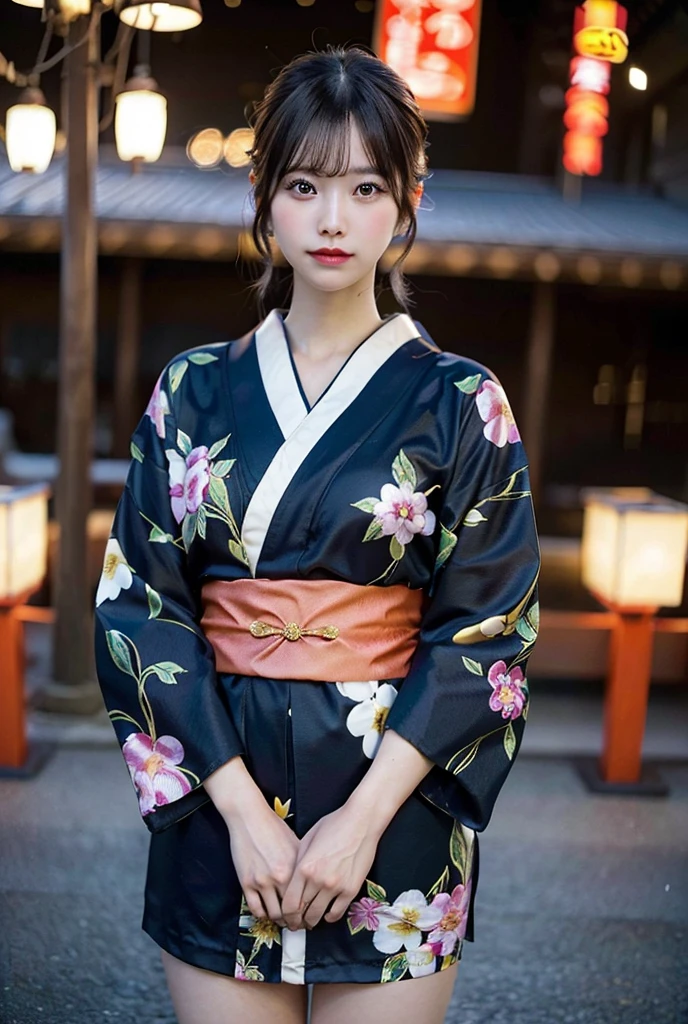 Innkeeper、young woman、kimono、Background Hot Spring Inn、The kimono is open、Tie up hair、日本のkimono、(A glimpse of her legs)、(best quality,4K,8k,highres,masterpiece:1.2),ultra-detailed,(realistic,photorealistic,photo-realistic:1.37),HDR,uhd,studio lighting,ultra-fine painting,sharp focus,physically-based rendering,extreme detail description,professional,vivid colors,bokeh,cinematic lighting,dramatic shadow,