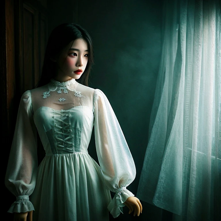scary photos,Gothic horror masterpiece,There is ethereal transparency and high behind spirit,Someone has a face,Beautiful female doll,behind,feeling of horror,Uncanny Valley,There is a spirit behind it,Gorgeous clothes,There is a drop shoulder,There is leakage on the chest