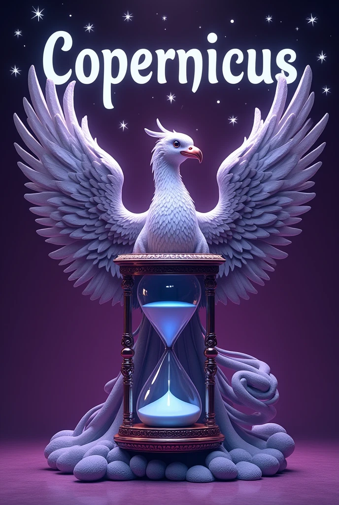 Purple background with a drawn phoenix holding an hourglass, written in white with a black outline on top "Copernicus" in larger size with stars, unrealistic.