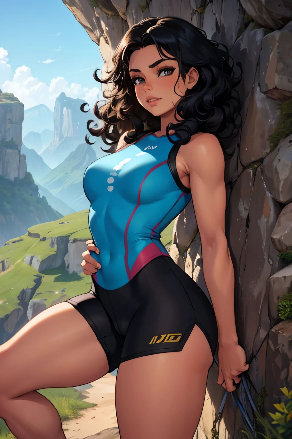 A young woman in a climbing outfit with climbing equipment, tight shorts, black curls, tanlines, climbing on a mountain, beautiful face, full lips, wind in her hairhair, foto realistic, cameltoe, view from ground