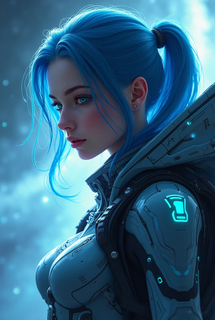 Galaxy space suit beautiful girl blue hair upper body cyber near future