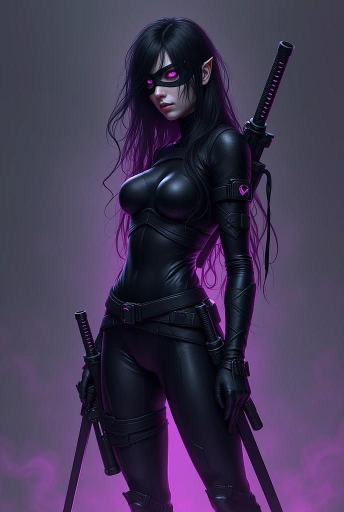 A pretty, 2 woman, She has long, raven black hair, which are often slightly disheveled, which gives her an untamed look. Her eyes shine in an intense violet, that glows slightly in the dark, and her skin is alabaster white, which gives her an almost ghostly appearance. The costume is mainly in deep black, interspersed with violet accents, that reflect their eye color. It consists of a skin-tight suit, which makes her agile and fast and black riding boots. She wears half a mask, which covers the upper half of her face, her eyes shining through a thin violet layer. has crossed holders for her two katanas on her back. Your firearms (The gun) are attached to their thighs, so that she can access it in a flash in battle. FULL BODY shot.